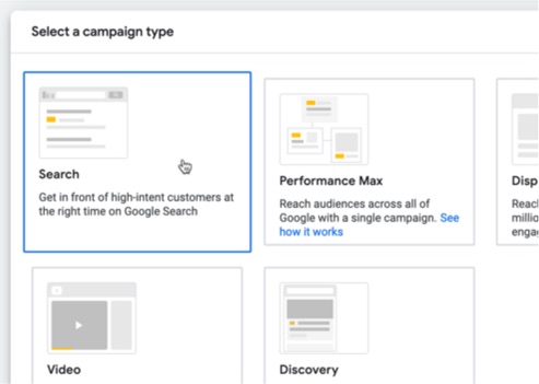 Select a campaign type in Google Ads