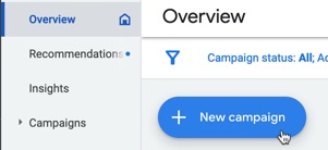 Click the button to create a new advertising campaign in Google Ads