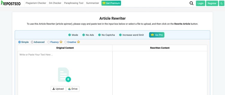 Pre Post SEO has an article rewriter tool, with different options available