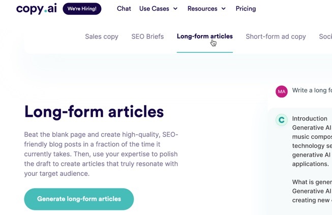 Copy.ai can generate long-form articles such as blog posts