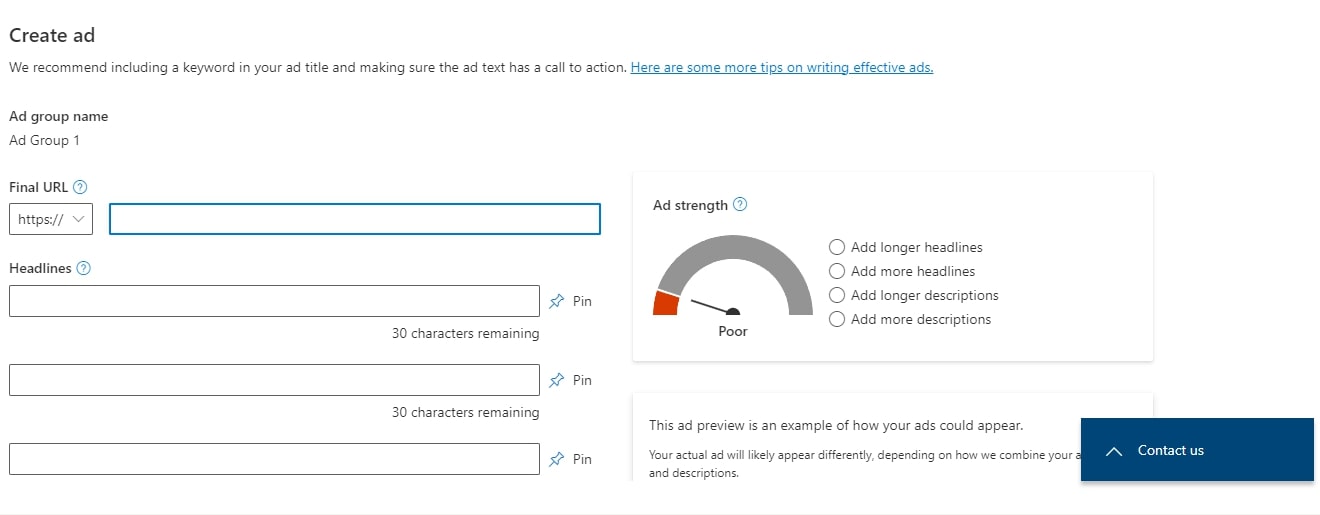 Sample Ad creation process for Bing Display Ads