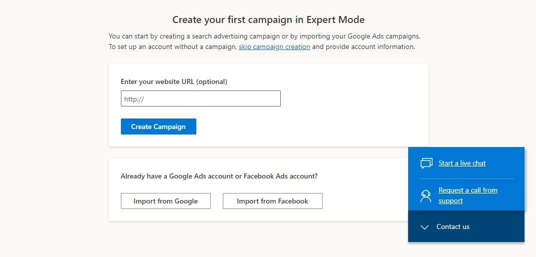 Begin the Bing Display Ads campaign by importing the URL or account you want to target.