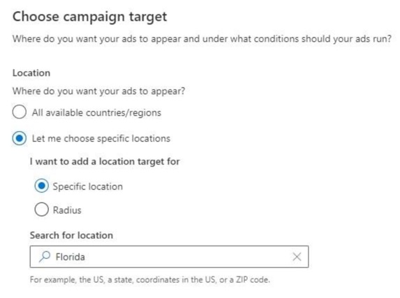 Choosing the locations where you want your Bing display ads to appear