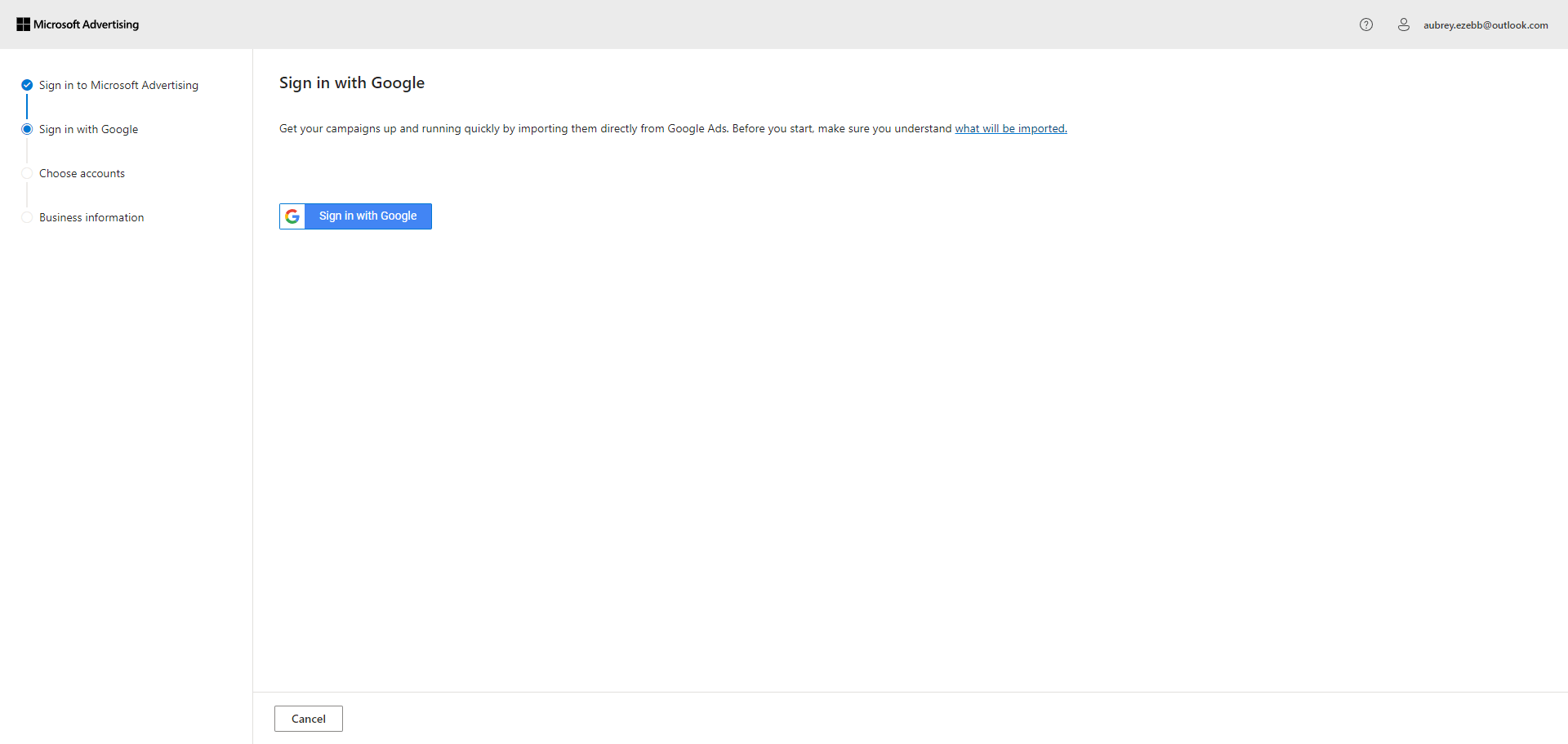 Connecting Google accounts on Bing ads for import