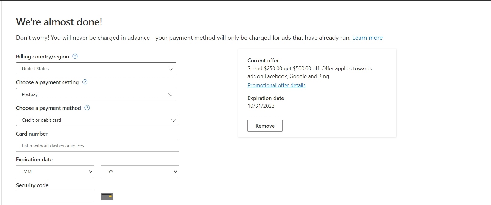Payment details for Bing Search Ads