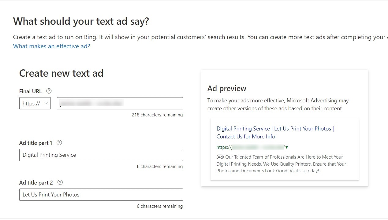 Text ads display to put on your bing search ads