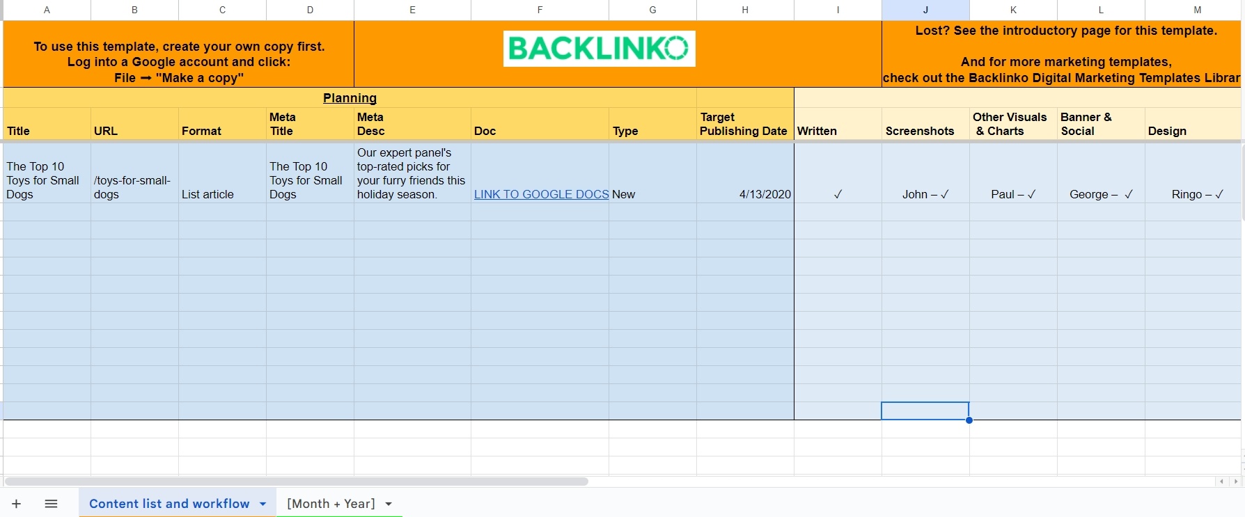 Backlinko content calendar for blog post creation