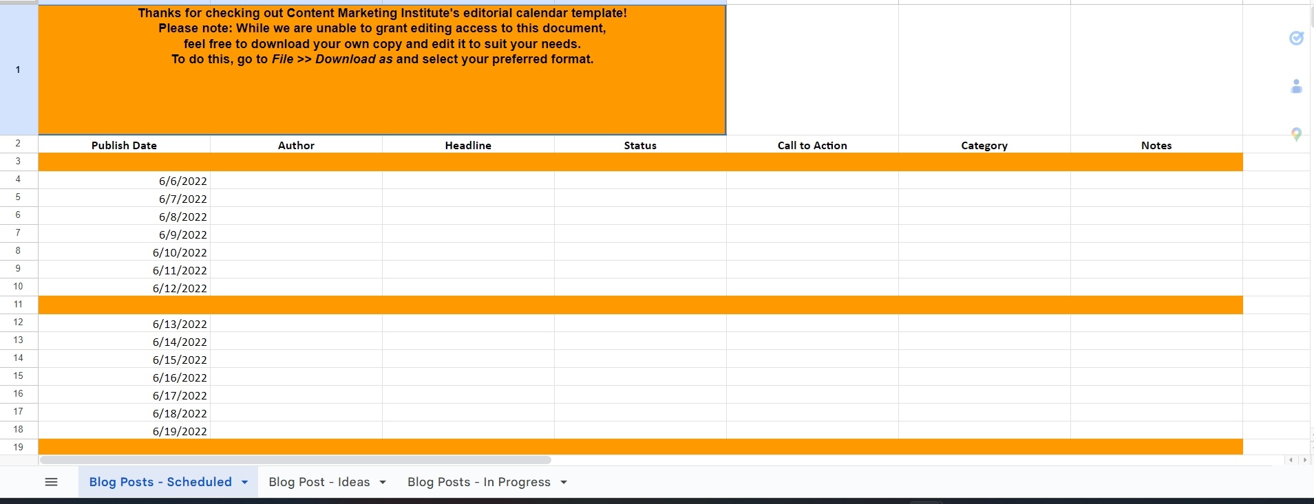 CMI blog calendar template to manage your content