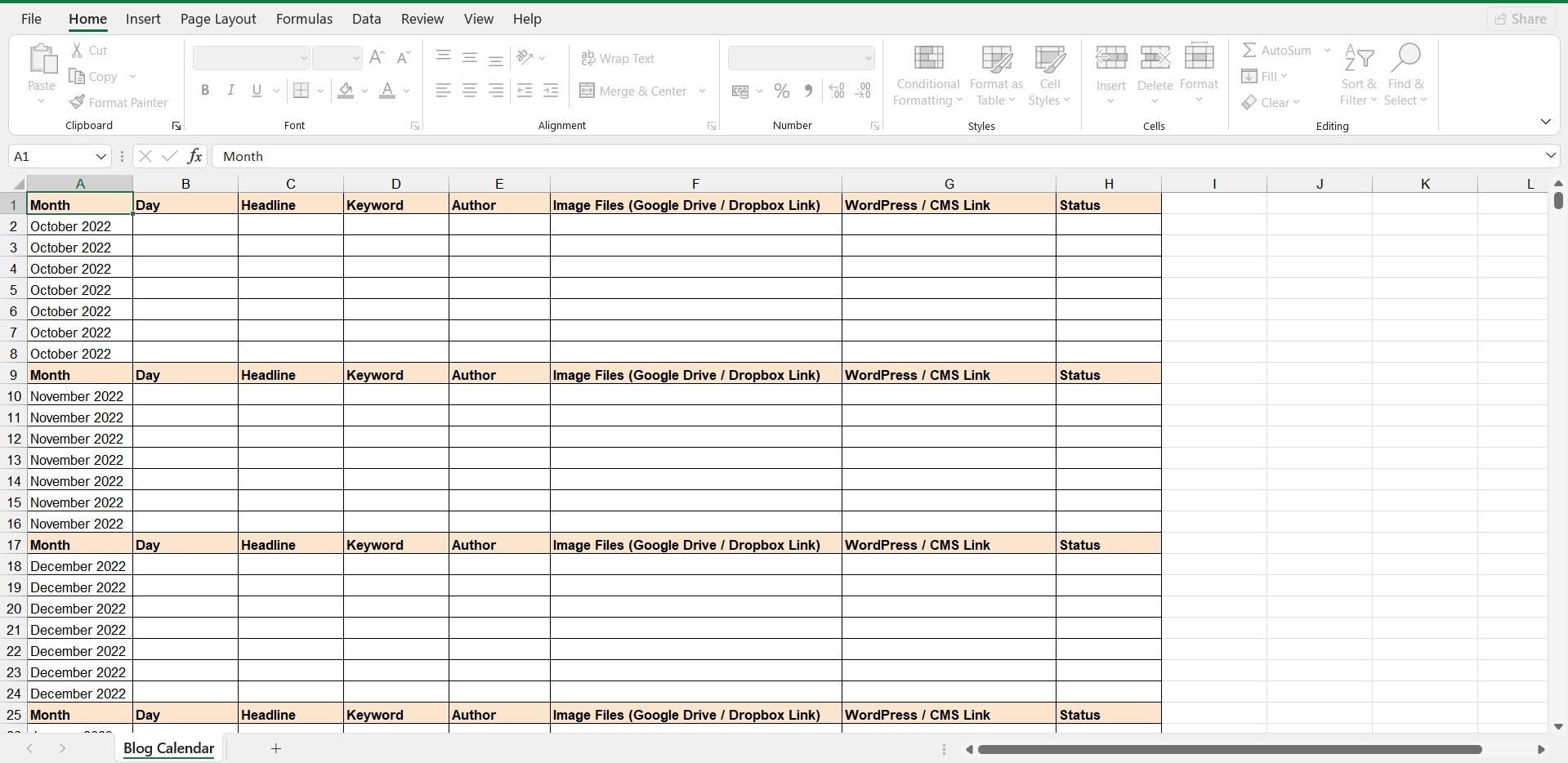 CoSchedule’s blog content calendar in Excel