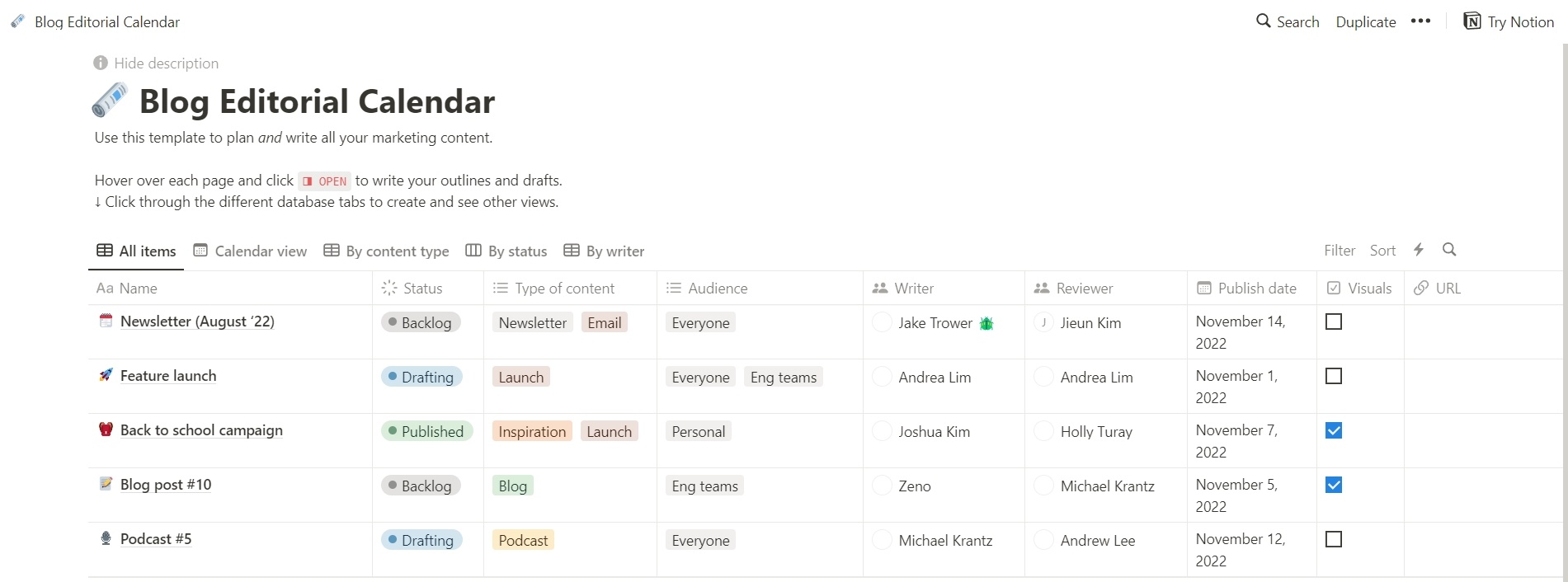 Notion blog calendar template for blog management