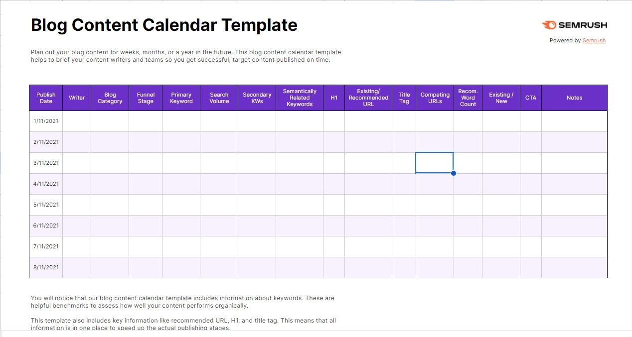SEMRush blog content calendar in Google Sheets to organize your content