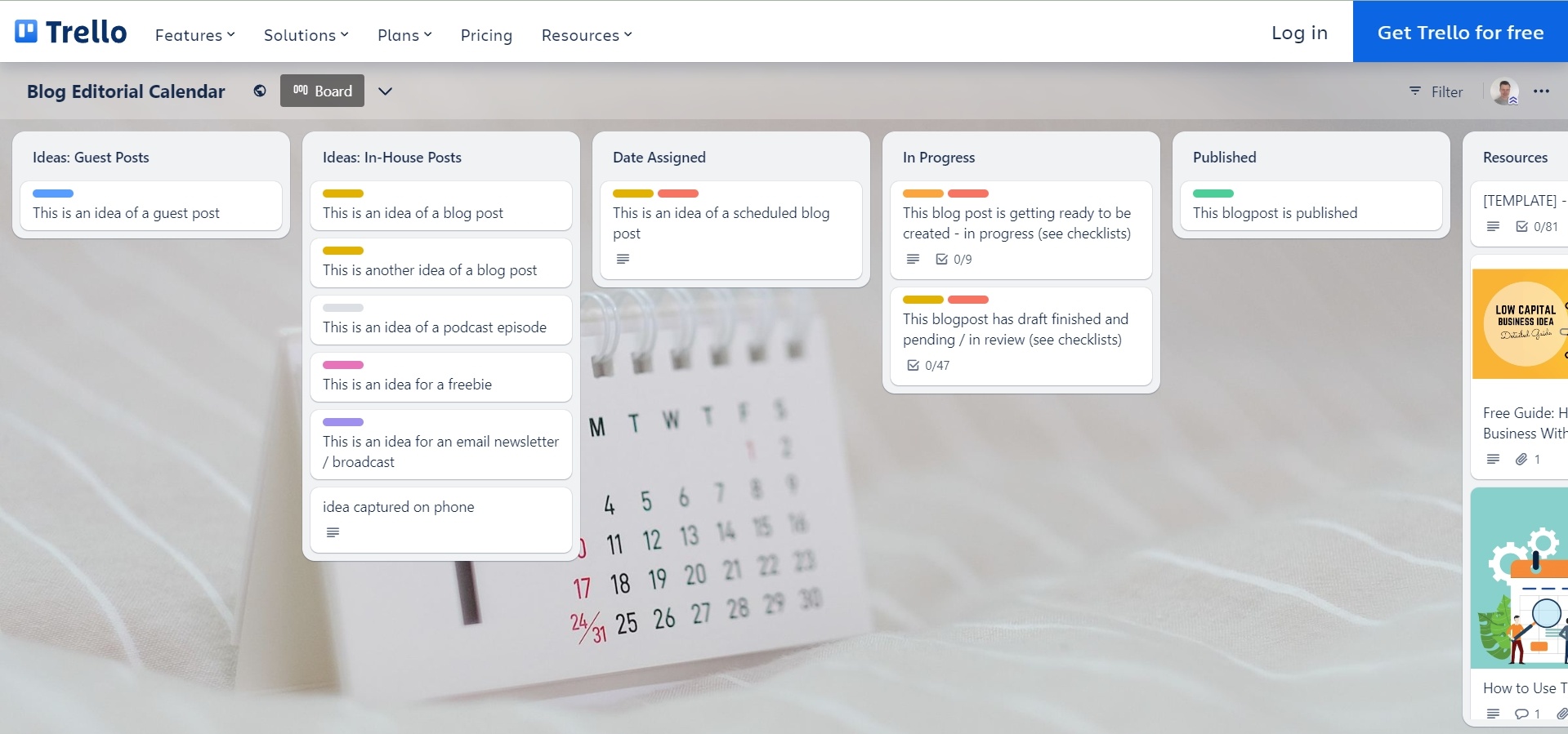 Trello content calendar for blog post creation