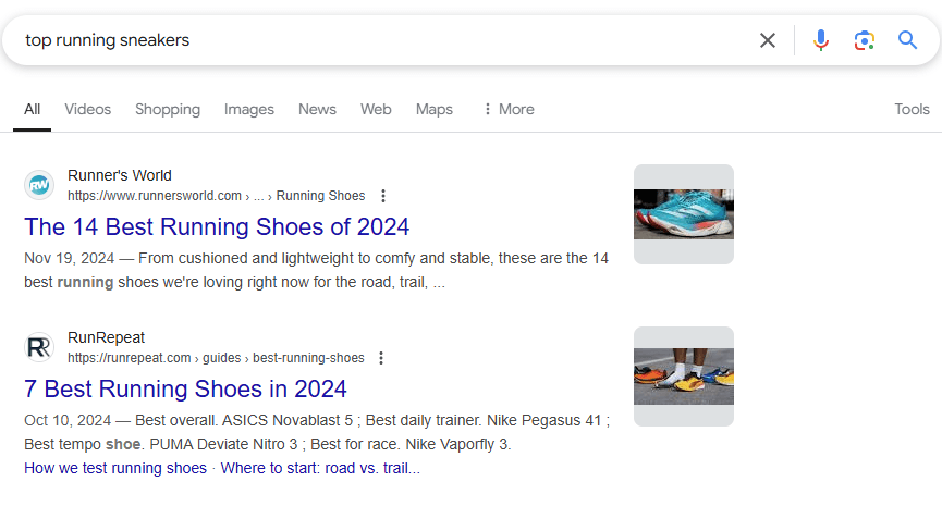 An example of keyword research for organic search using ‘top running shoes’ keyword