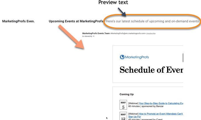 MarketingProf's example on how the email preview text reflects the email contents and complements the subject line