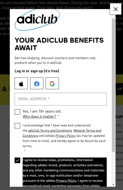 Ecommerce E-mail list example from Adidas store-online