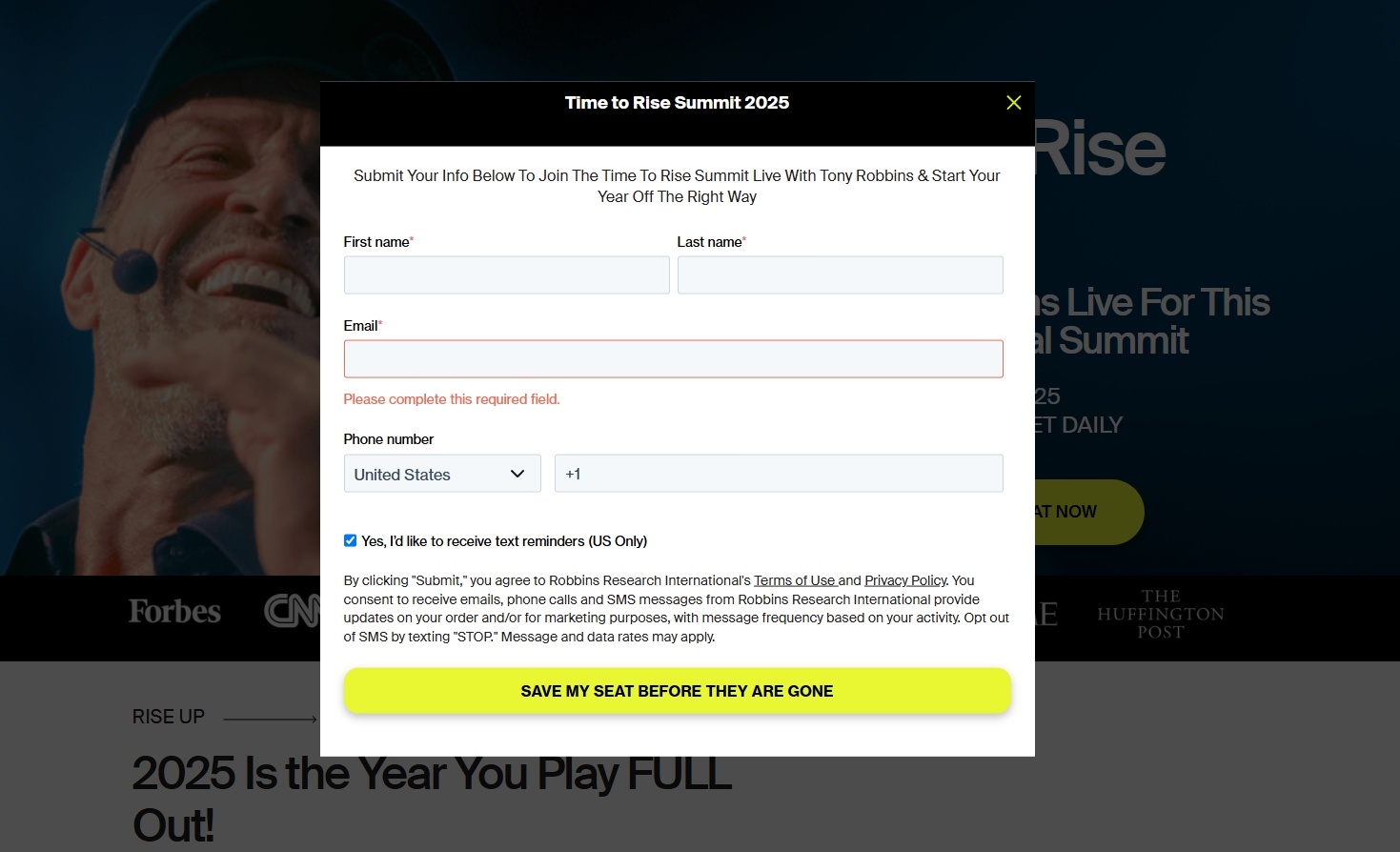 Example of a webinar registration form for email list building, from Tony Robbins