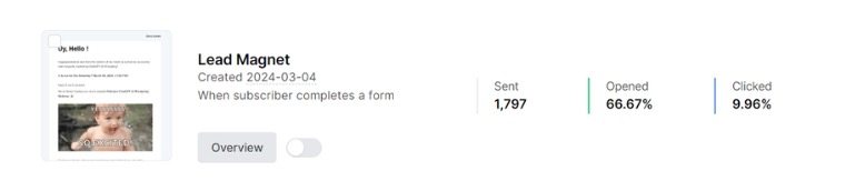 Lead magnet conversion for e-mail campaigns with click rates and open rates.