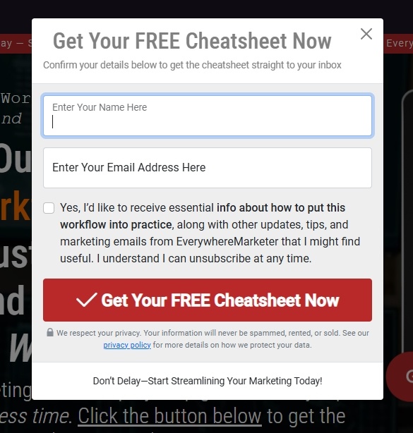 An example of a pop up email marketing form for building your email list