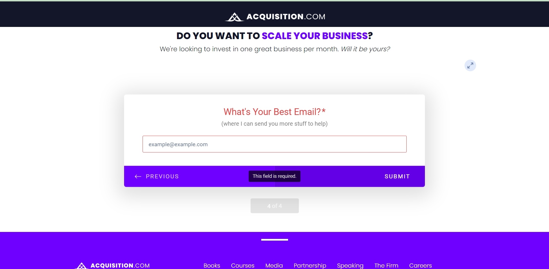 Acquisition.com’s has an email sign up offer for people who want to scale their business