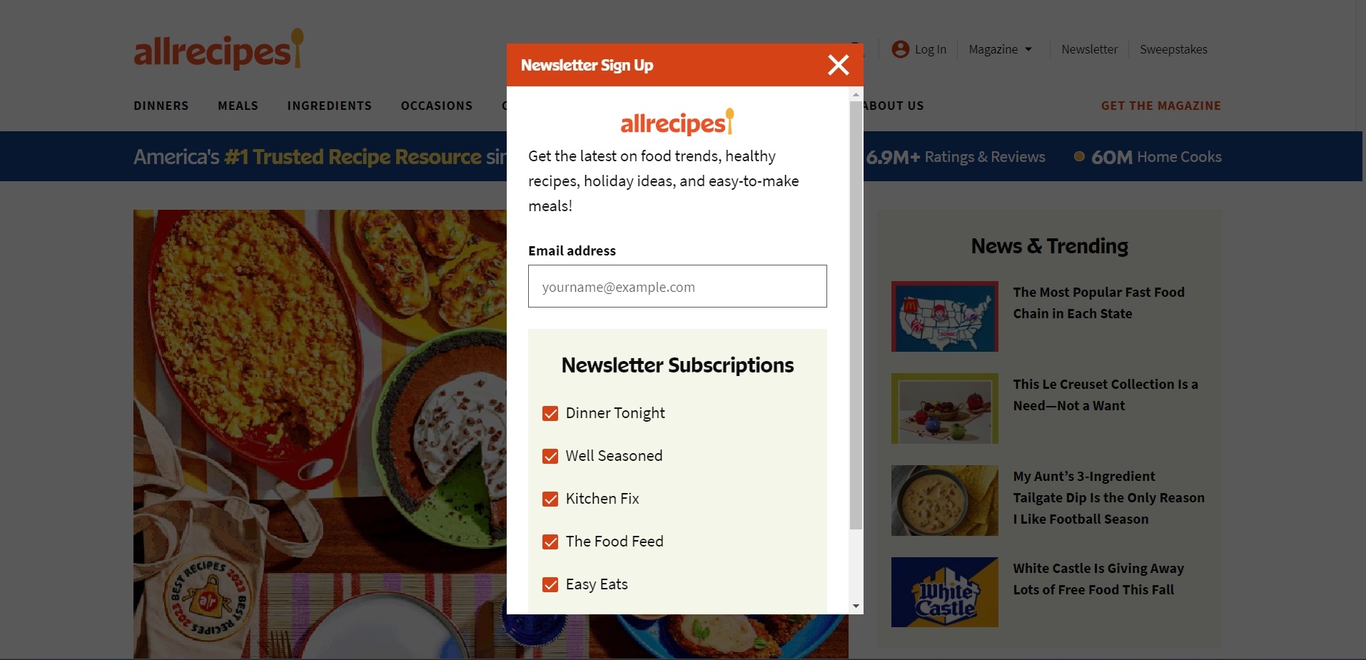 All Recipe newsletter subscriptions sign up offer