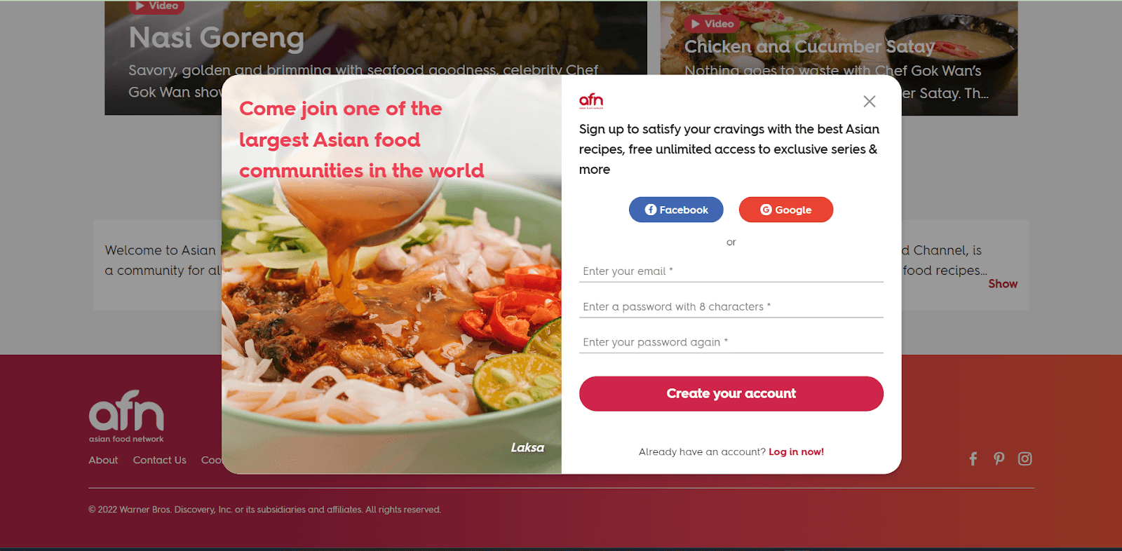 The Asian Food Network’s email sign up offer for foodie lovers