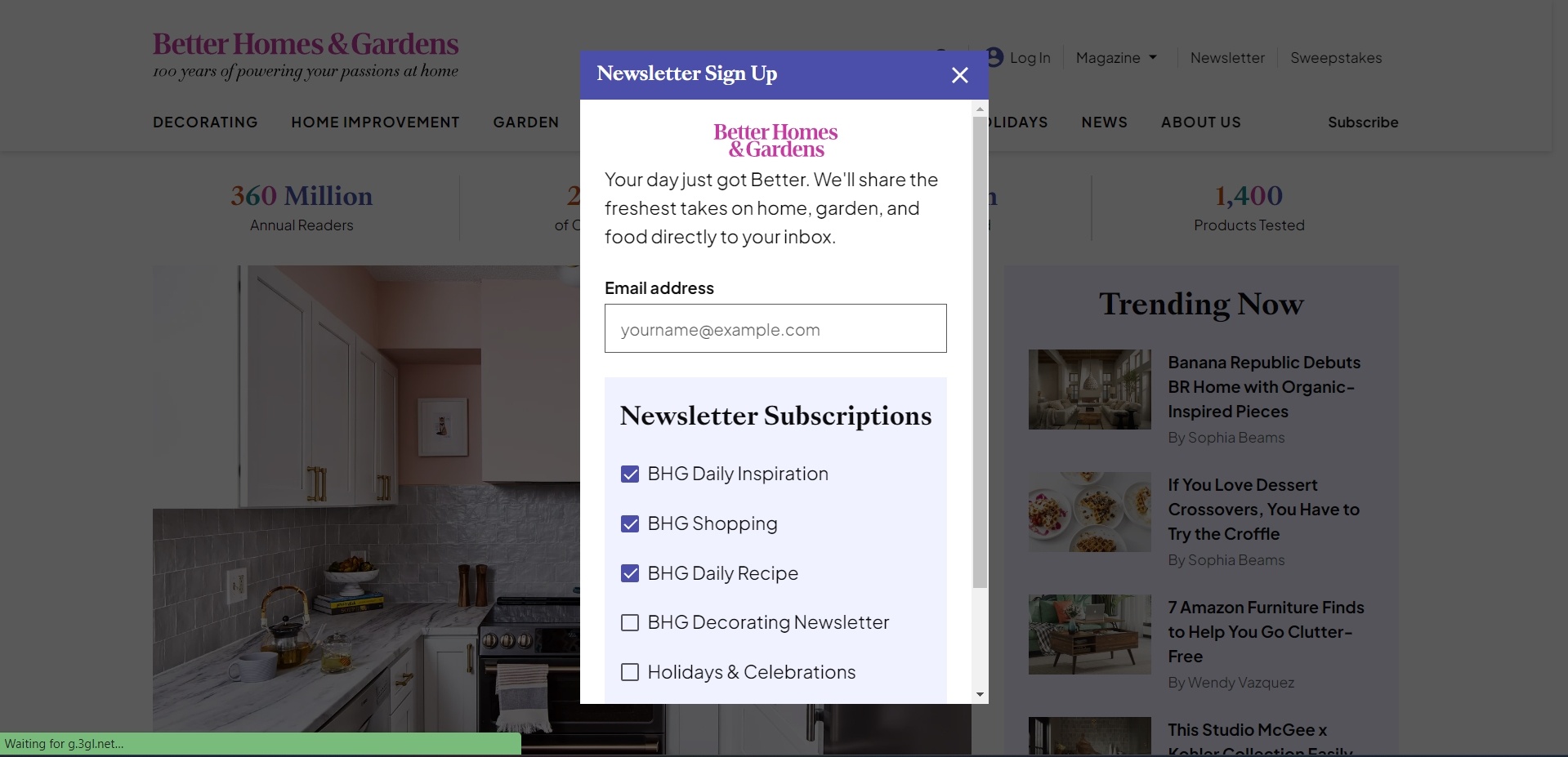 Better Homes and Gardens email sign up example for their newsletter