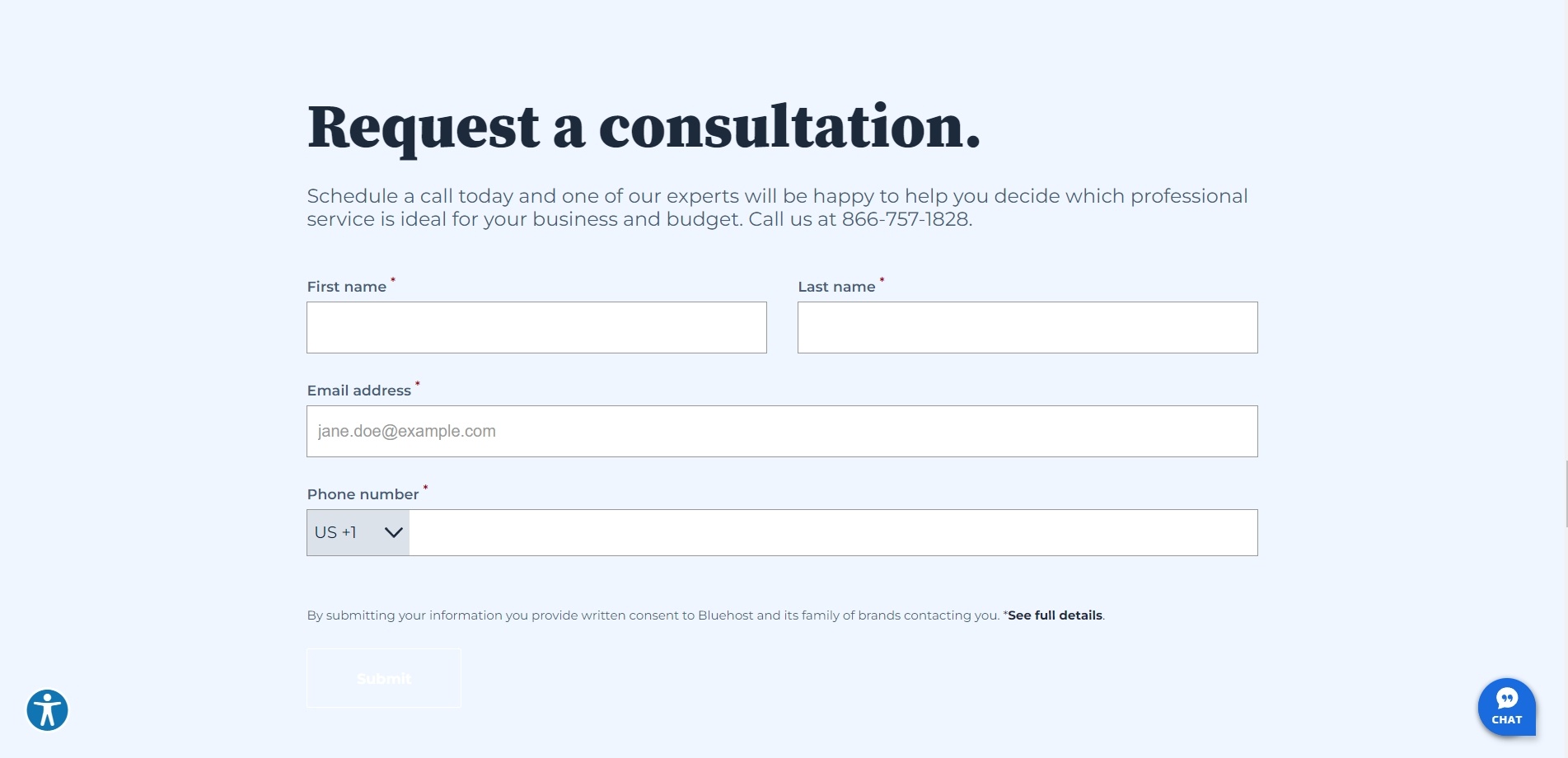 Bluehost’s email sign up form, an example offering a consultation
