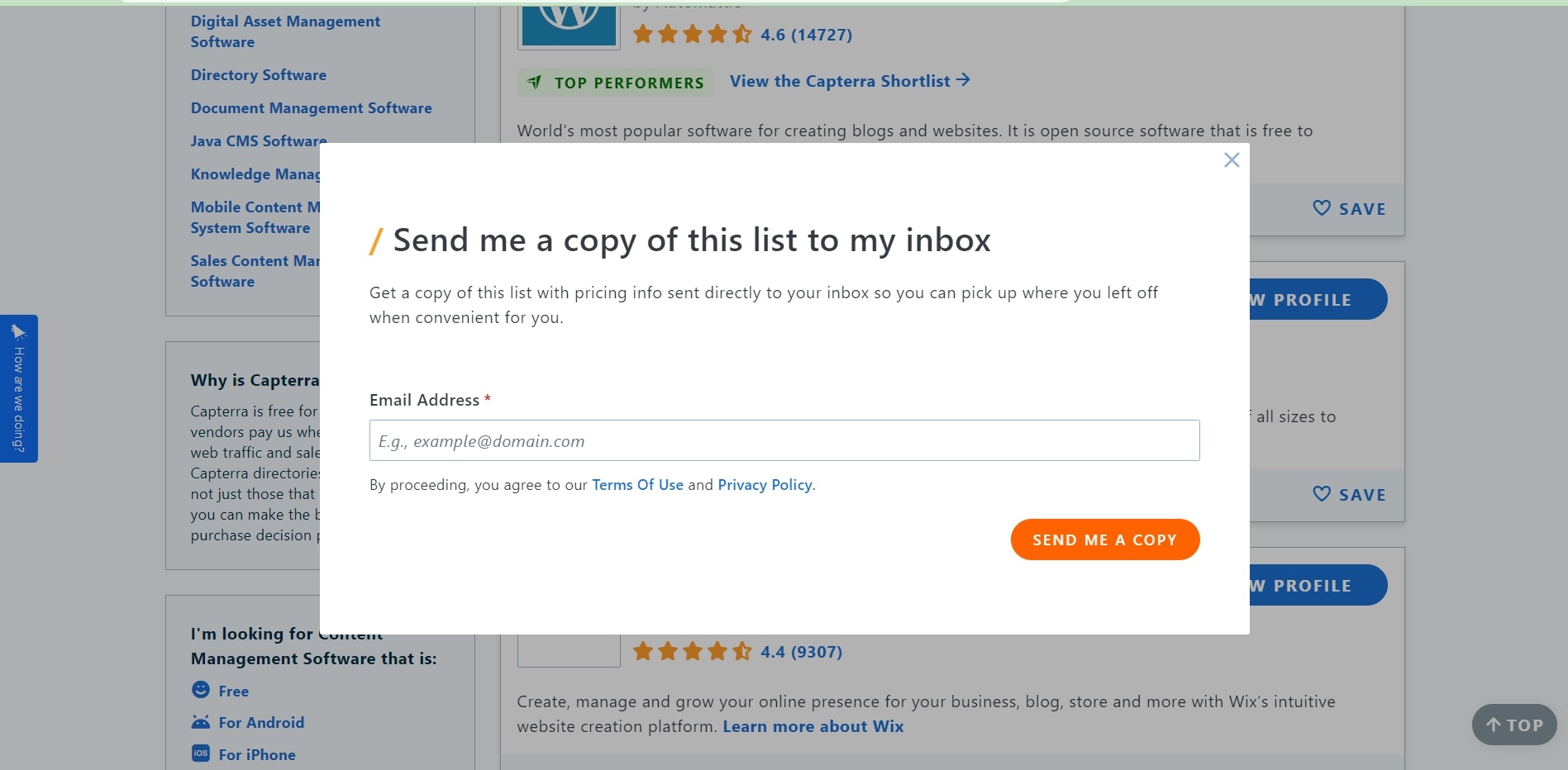 Capterra asks visitors to sign up with their email address to receive a copy of a list of pricing info