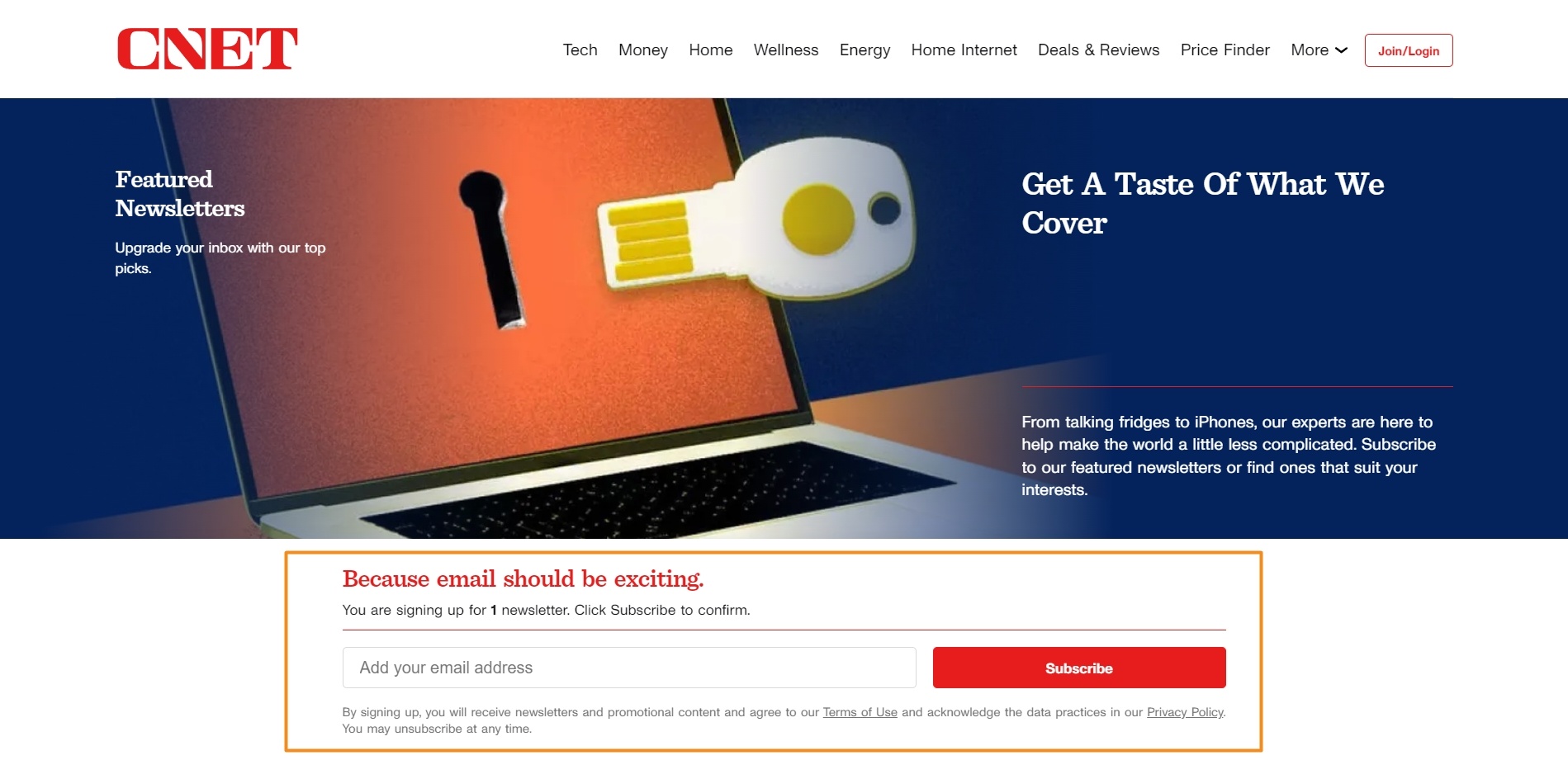 CNET’s email sign up example offers a newsletter