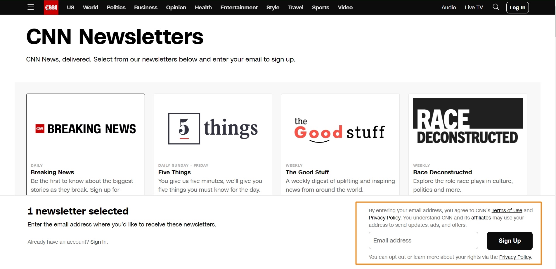 CNN offers different newsletters for visitors to sign up to