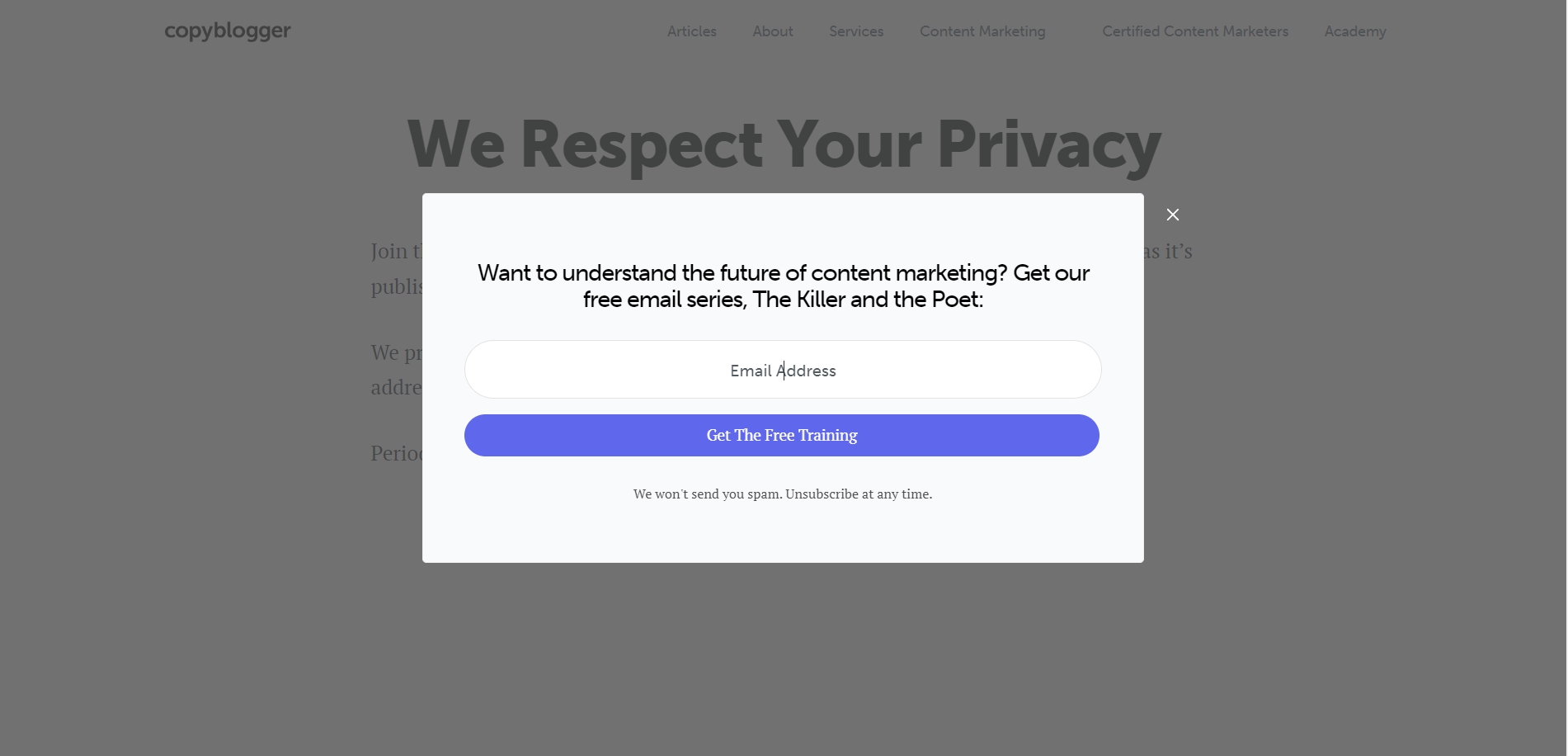 Copyblogger has an email sign up box for visitors who want to better understand content marketing