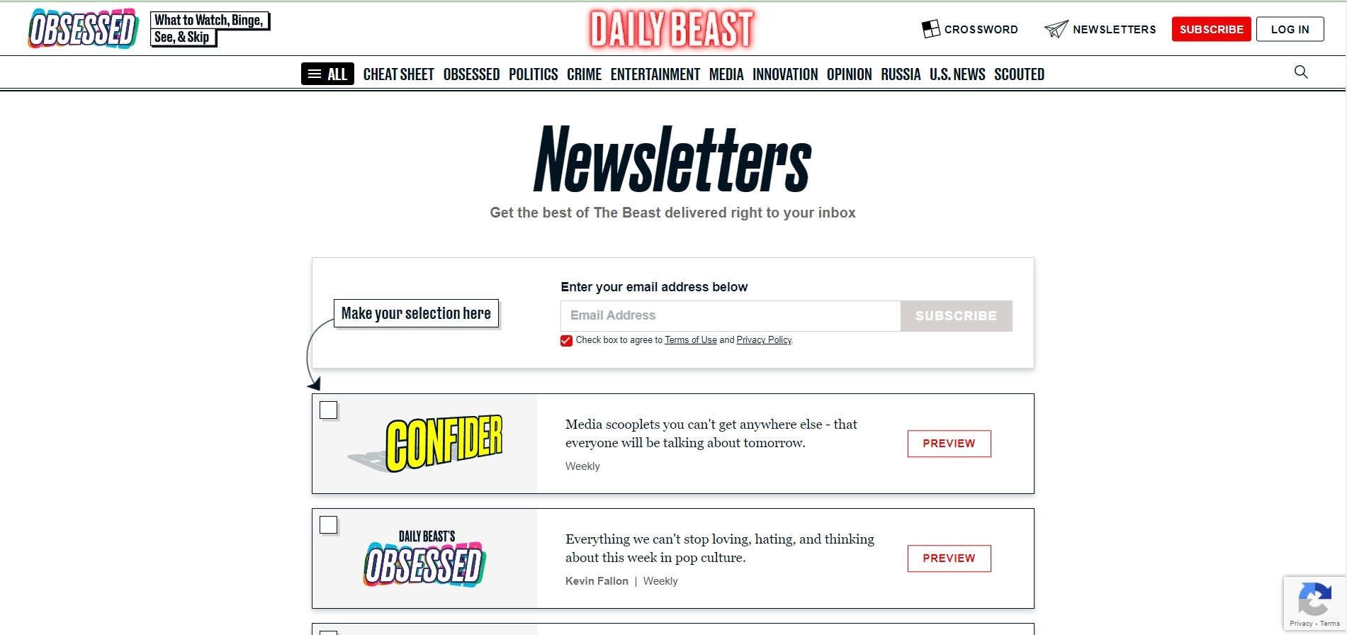The Daily Beast email sign up offer for their newsletter options