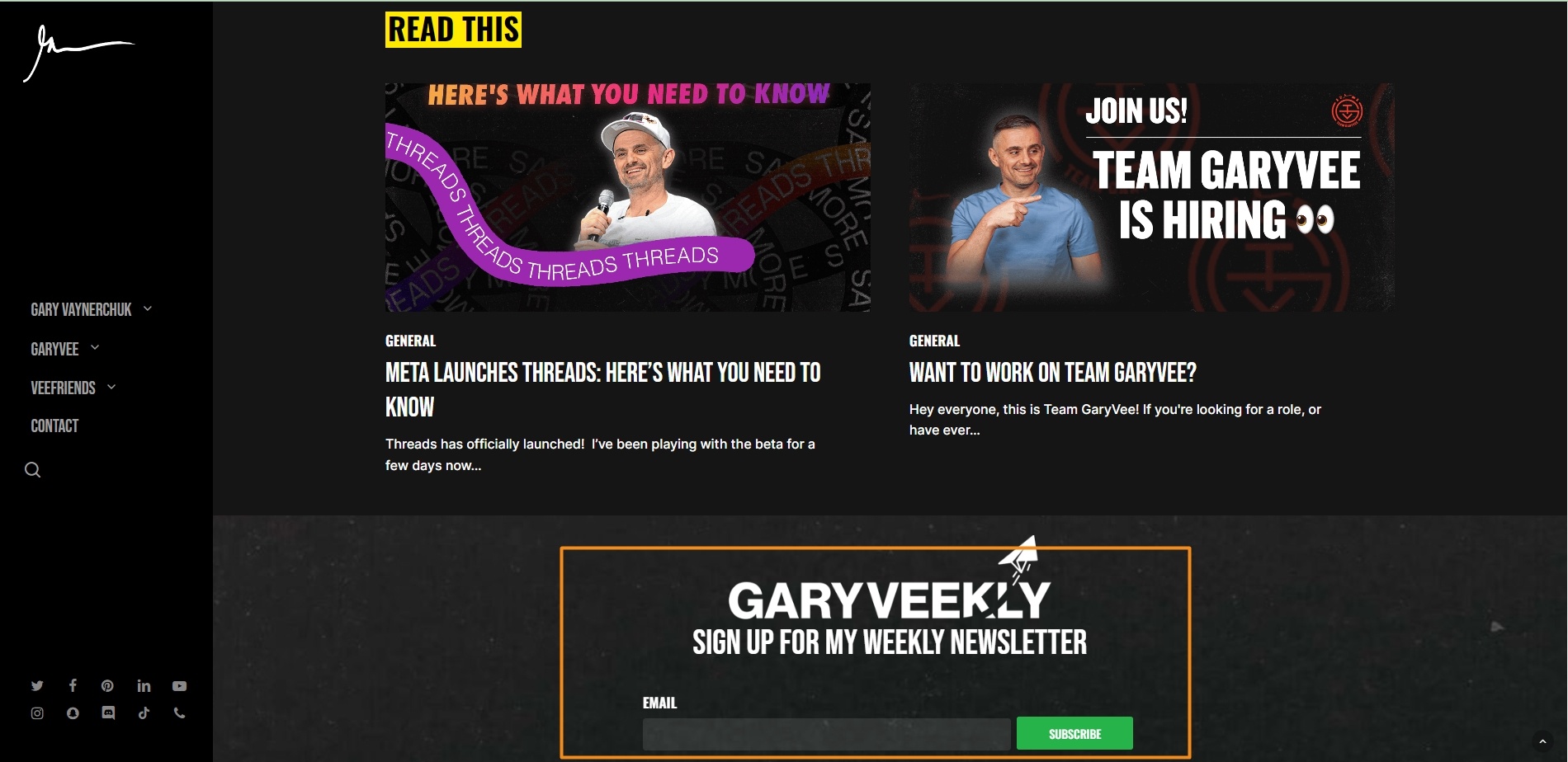 Gary Vee offers newsletter sign up for his users and clients