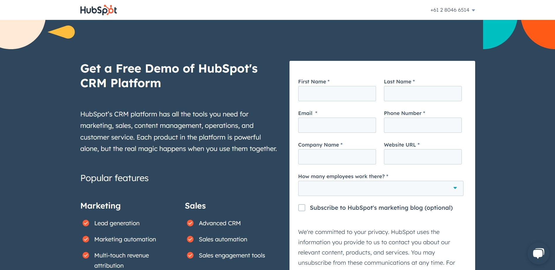 Hubspot’s email sign up offers a free demo of their CRM platform