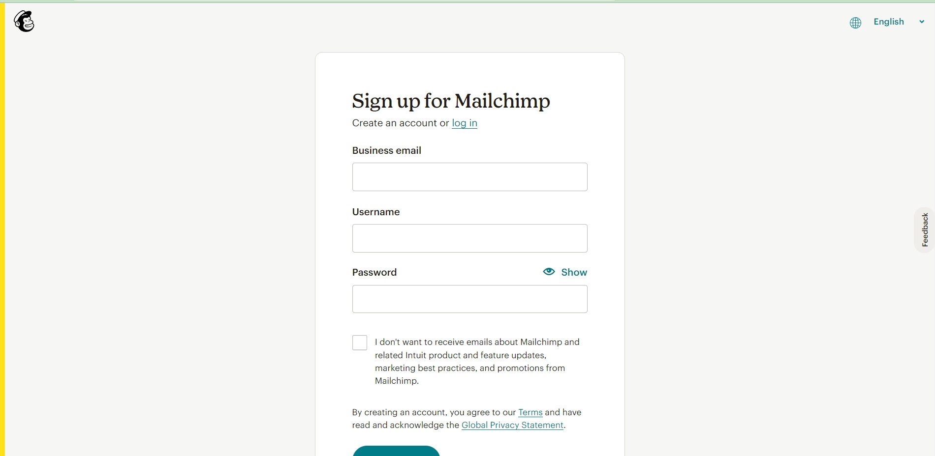 Mailchimp tells people to sign up by entering their email address and other details