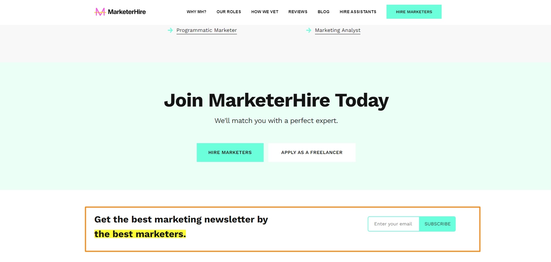 One of our email sign up examples, this one is from MarketerHire, offering their newsletter