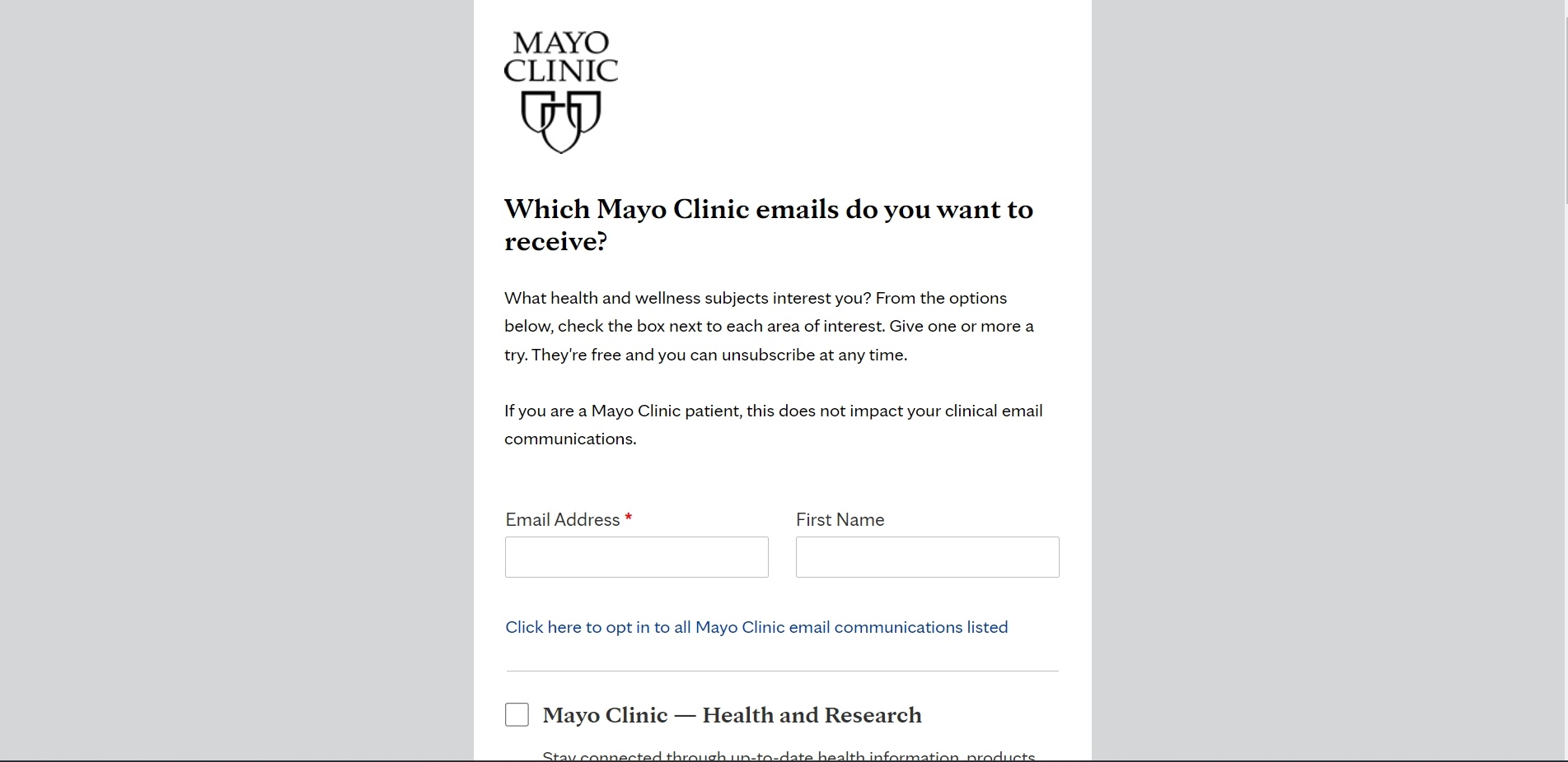 Mayo Clinic has a sign up offer for a newsletter