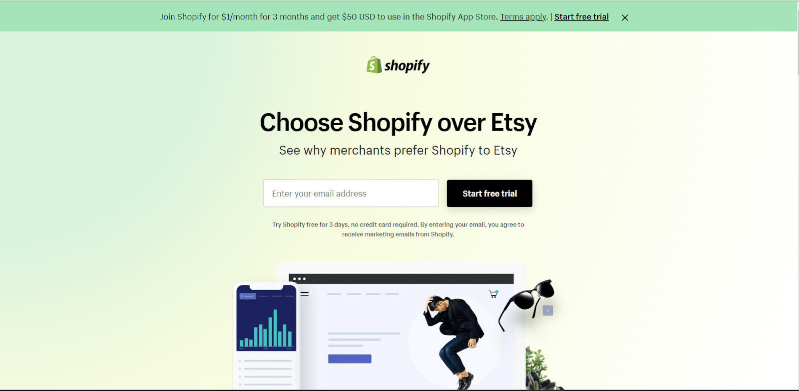 Shopify asks visitors to sign up for a free trial to their software