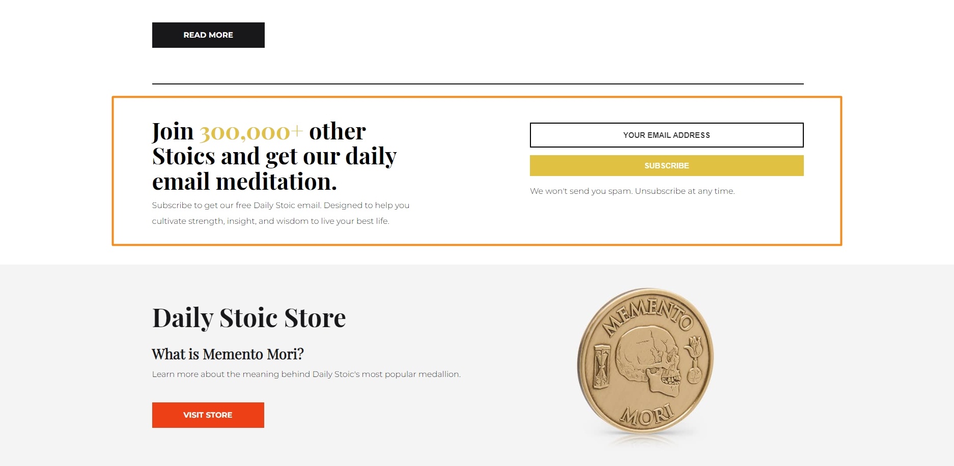 The Daily Stoic offers a daily email meditation in their email sign up box