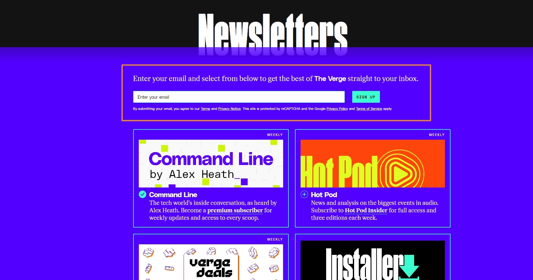 The Verge has newsletters on offer for those who sign up