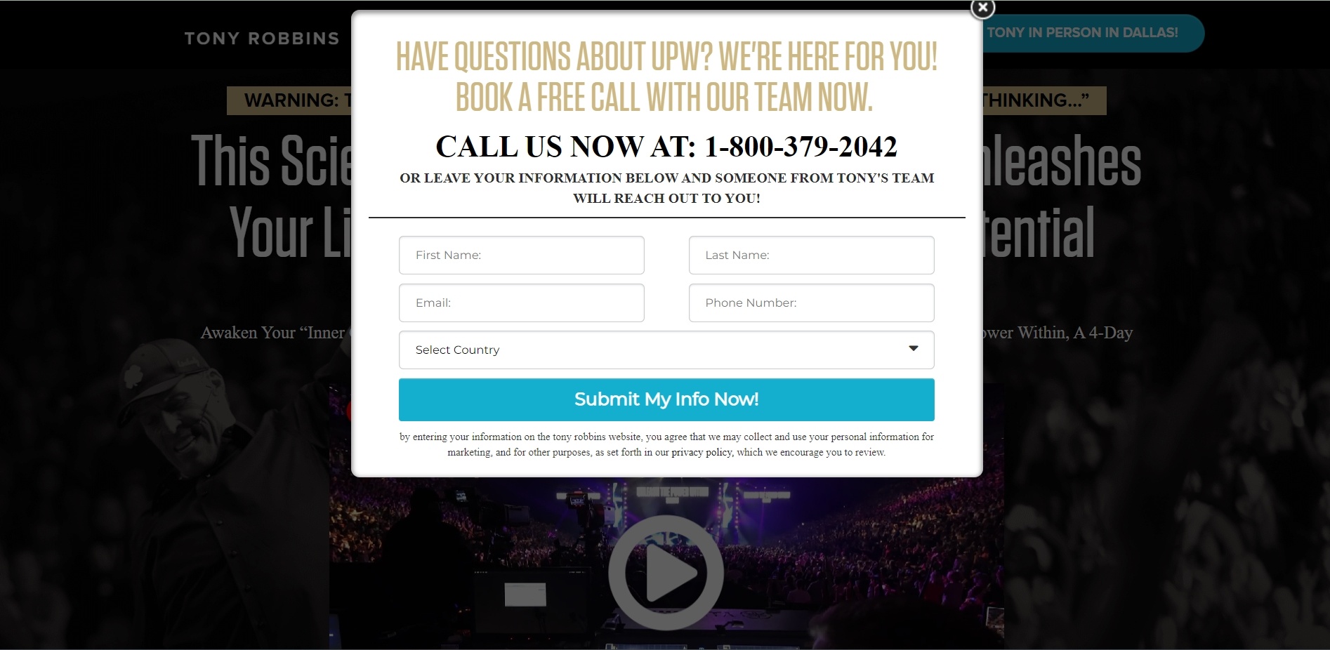 Tony Robbins email sign up for their Unleash The Power Within program