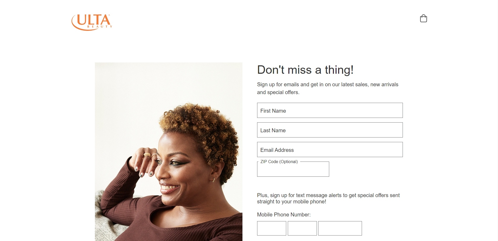 Ulta Beauty’s email sign up form offers to keep visitors in the loop