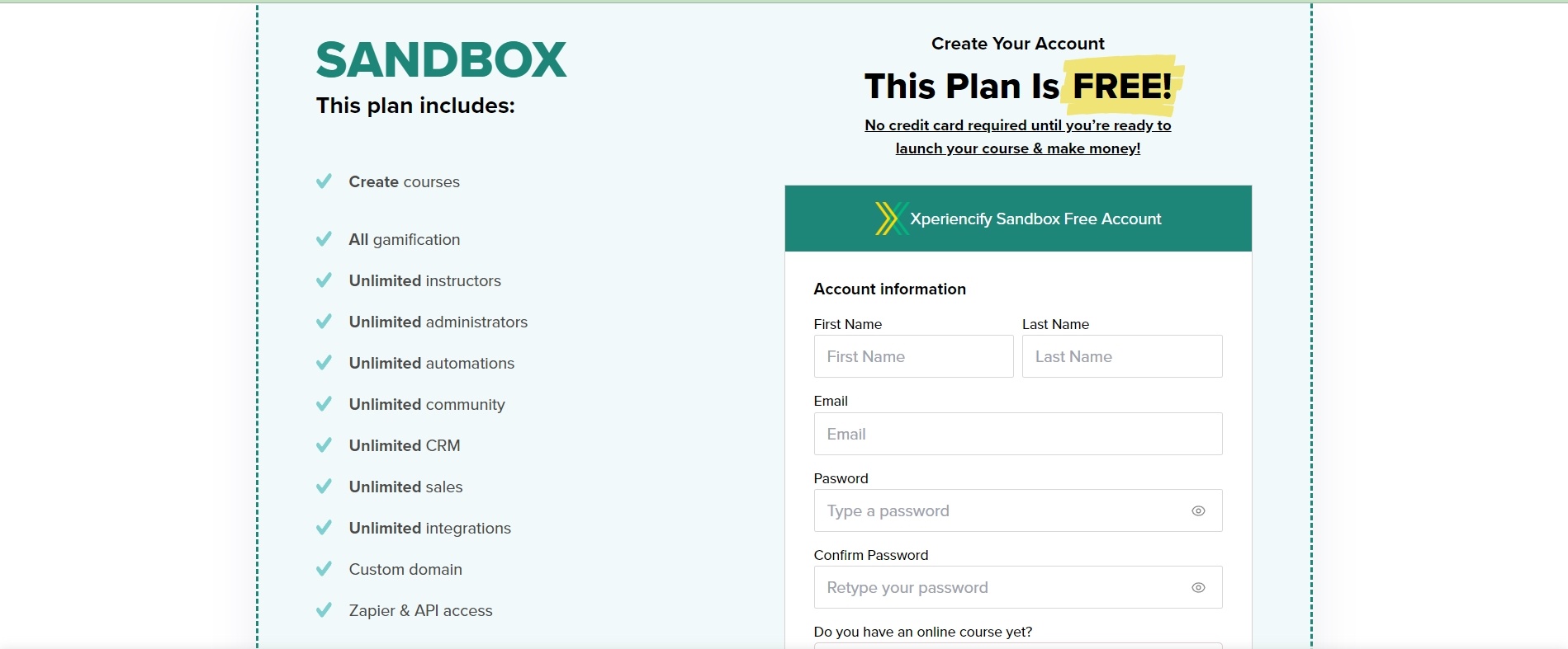 Xperiencify invite visitors to register their email for their free sandbox plan