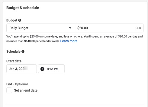 Decide on the budget and schedule for your Facebook ads