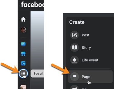 Click to create a Page from within Facebook