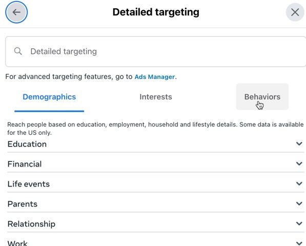 Facebook audience targeting through behavior pattern on ads manager