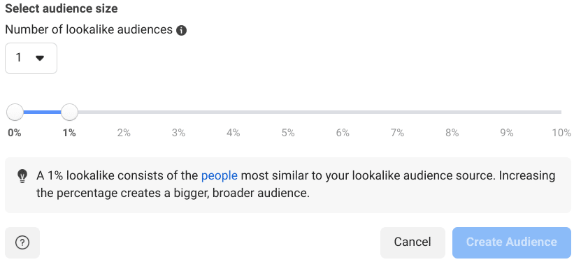 Selecting the size for a Facebook lookalike audience, targeting people very similar to an existing audience