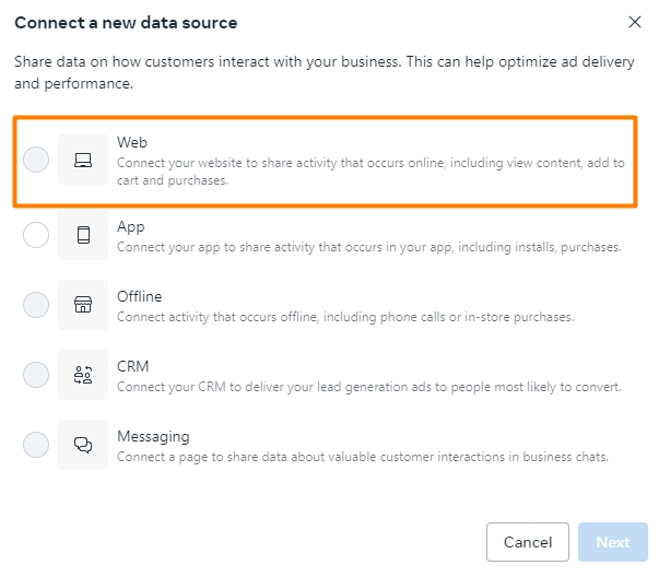 Connect a new web data sources for Meta Ads