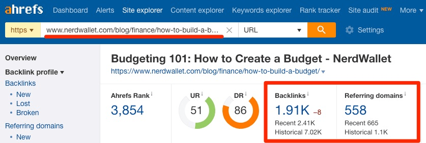 Ahrefs example on NerdWallet finding inbound links guide