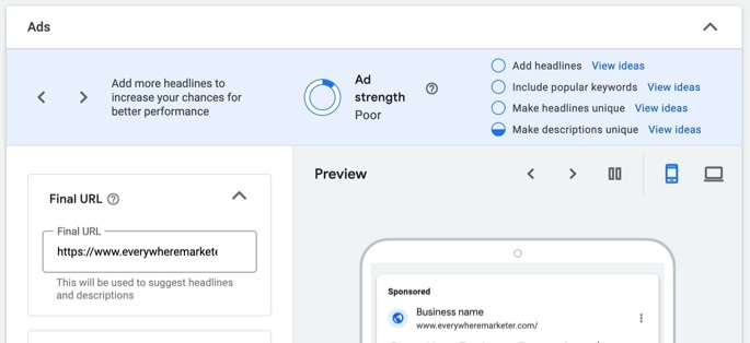 Create ads within your Google ad group